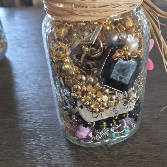 Decorative Glass Jar with Pink Flower Accent. Contains Wearable Vintage - Picture 3 of 4